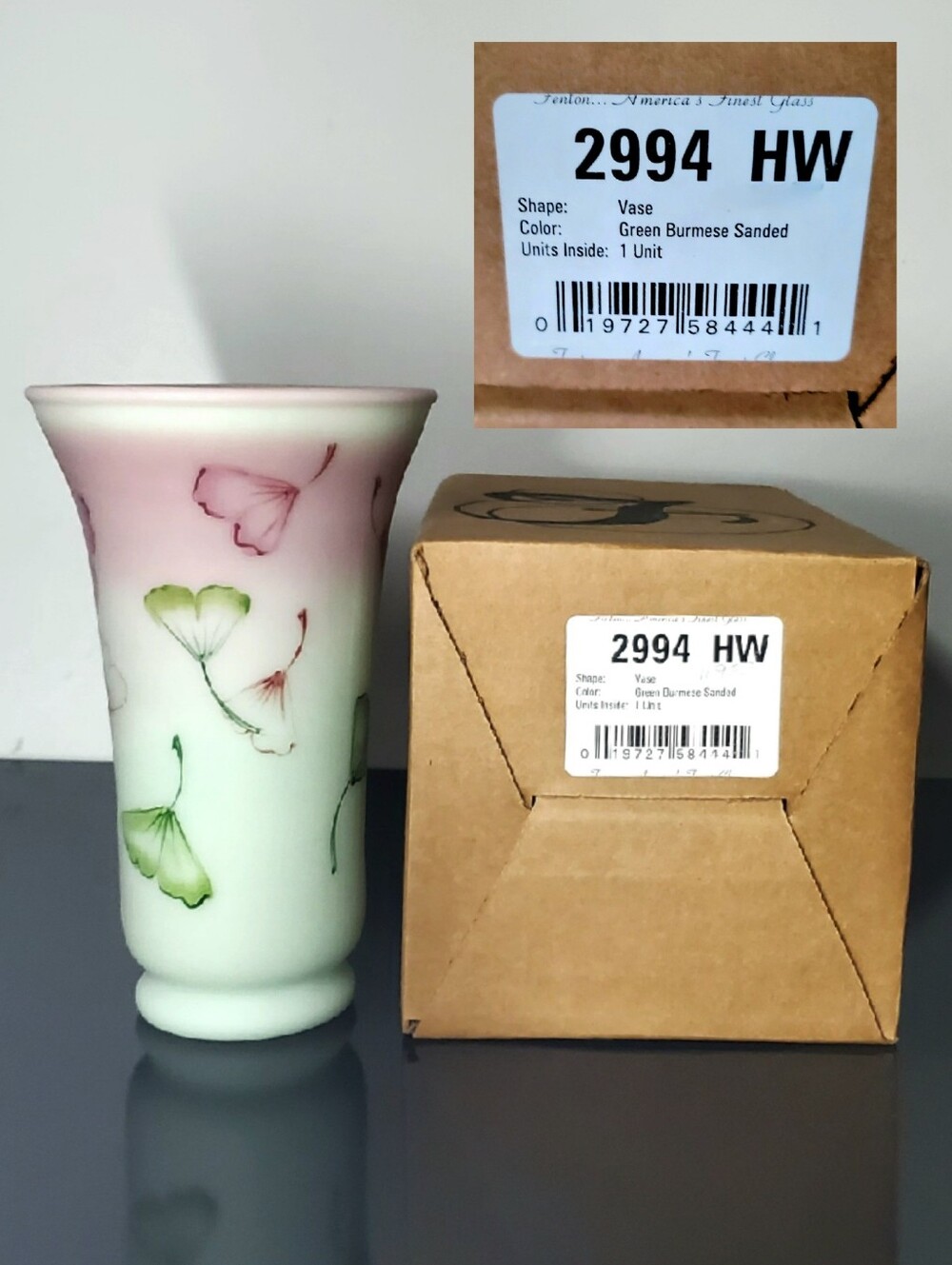 NIB Fenton Lotus Mist Burmese Ginkgo Leaves Hand Painted Vase Signed 8.5" 2007 - Picture 14 of 14